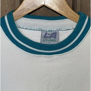 Vintage 90s LA LOVING Textured Knit Crewneck Sweatshirt Men's L‎ White Teal USA